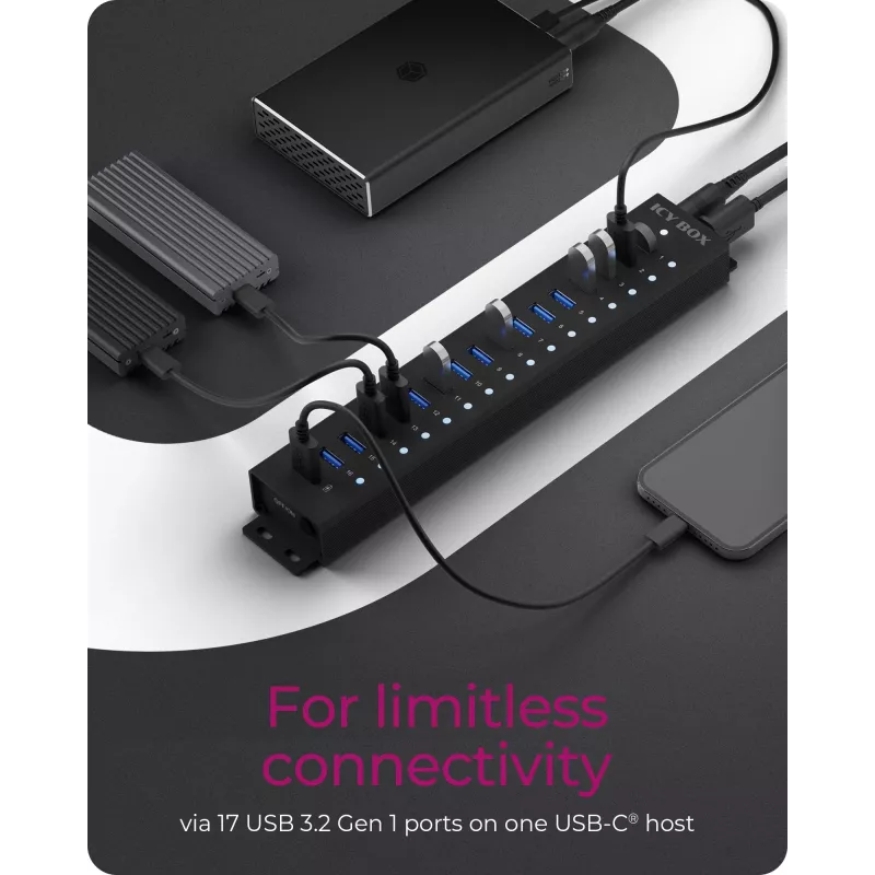 ICY BOX 17-Port Hub with USB 3.2 Gen 1 Type-A interface, USB 3.2 Gen 1 (3.1 Gen 1) Type-A, USB 3.2 Gen 1 (3.1 Gen 1) Type-A, USB Type-B, 5000 Mbit/s, Black, China, DC