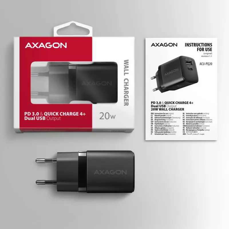Wall Charger Axagon ACU-PQ20 QC3.0 PD Type-C 20W Black