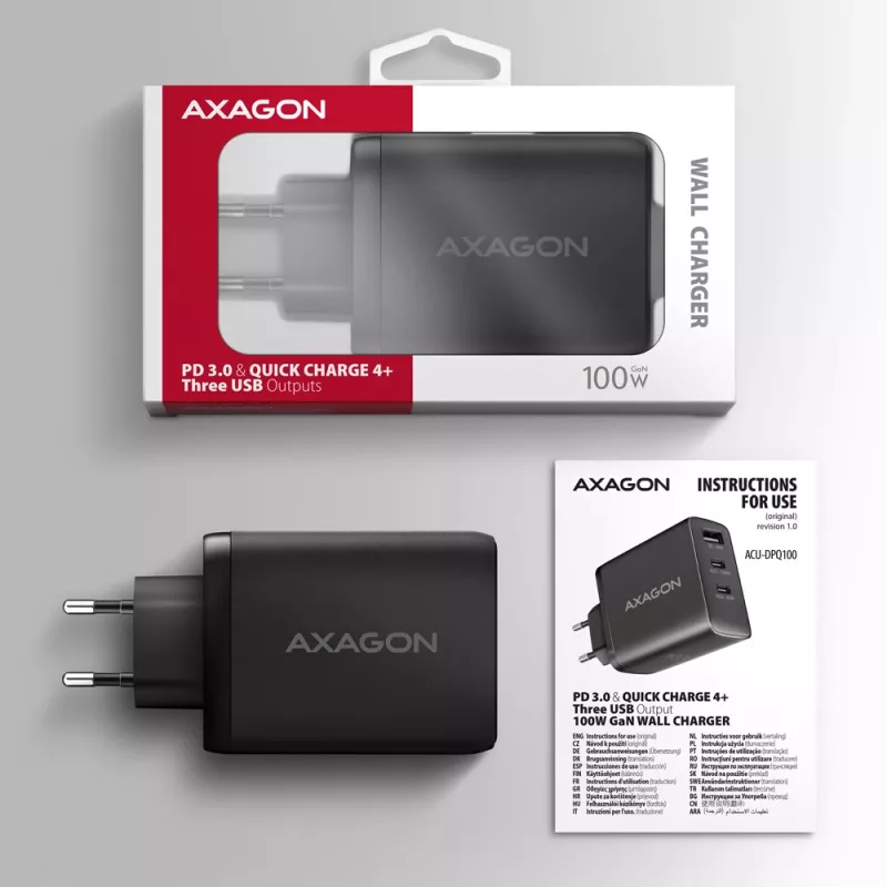 Axagon ACU-DPQ100 PD3.0 & QC 4+ THREE OUTPUTS wall charger 100W
