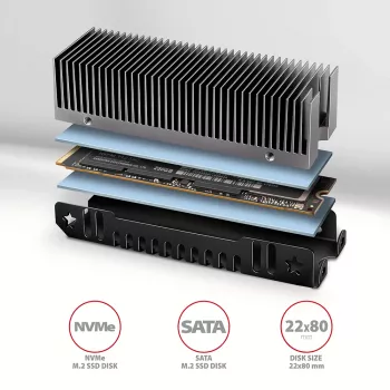 Axagon CLR-M2XT Aluminum passive cooler for single and double-sided M.2 SSDs size 2280, height 24 mm