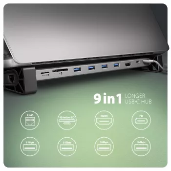 Axagon HMC-10HLS, USB 5Gbps hub, 4x USB-A, HDMI 4k/60Hz, RJ-45, SD/microSD, PD 100W