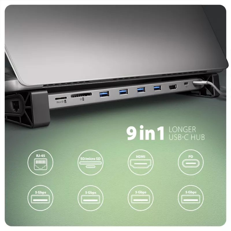 Axagon HMC-10HLS, USB 5Gbps hub, 4x USB-A, HDMI 4k/60Hz, RJ-45, SD/microSD, PD 100W