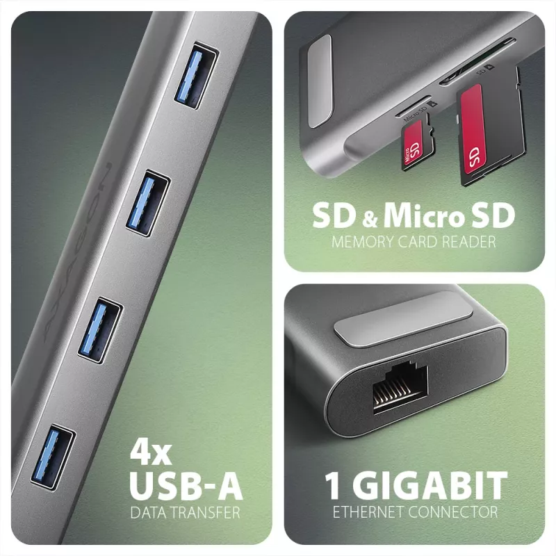 Axagon HMC-10HLS, USB 5Gbps hub, 4x USB-A, HDMI 4k/60Hz, RJ-45, SD/microSD, PD 100W