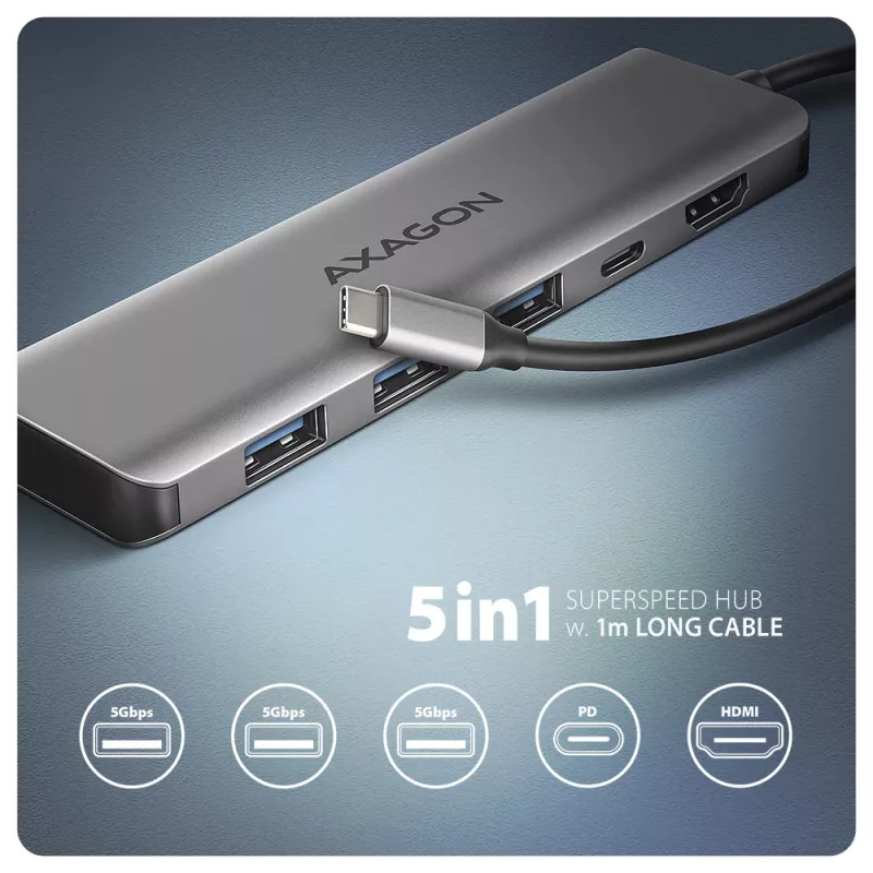 Axagon HMC-5H USB 5Gbps hub, 3x USB-A, HDMI 4k/30Hz, PD 100W, 100cm USB-C cable