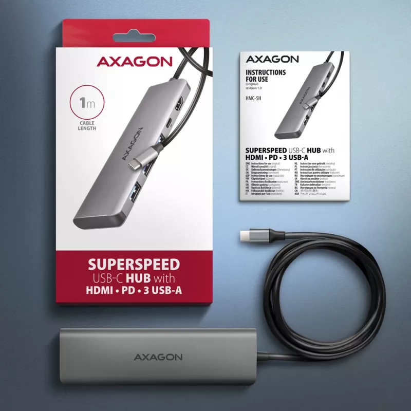 Axagon HMC-5H USB 5Gbps hub, 3x USB-A, HDMI 4k/30Hz, PD 100W, 100cm USB-C cable