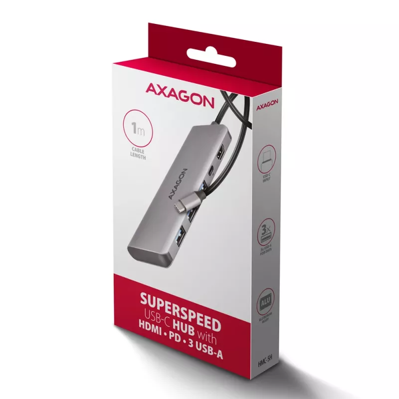 Axagon HMC-5H USB 5Gbps hub, 3x USB-A, HDMI 4k/30Hz, PD 100W, 100cm USB-C cable