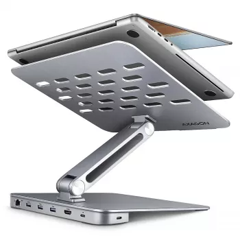 Axagon HMC-STND Multi-port USB-C 5Gbps hub and aluminum stand for laptops. HDMI 4k/60Hz, GLAN, PD and 3 USB-A ports. USB-C cable 60 cm.
