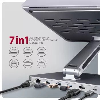 Axagon HMC-STND Multi-port USB-C 5Gbps hub and aluminum stand for laptops. HDMI 4k/60Hz, GLAN, PD and 3 USB-A ports. USB-C cable 60 cm.