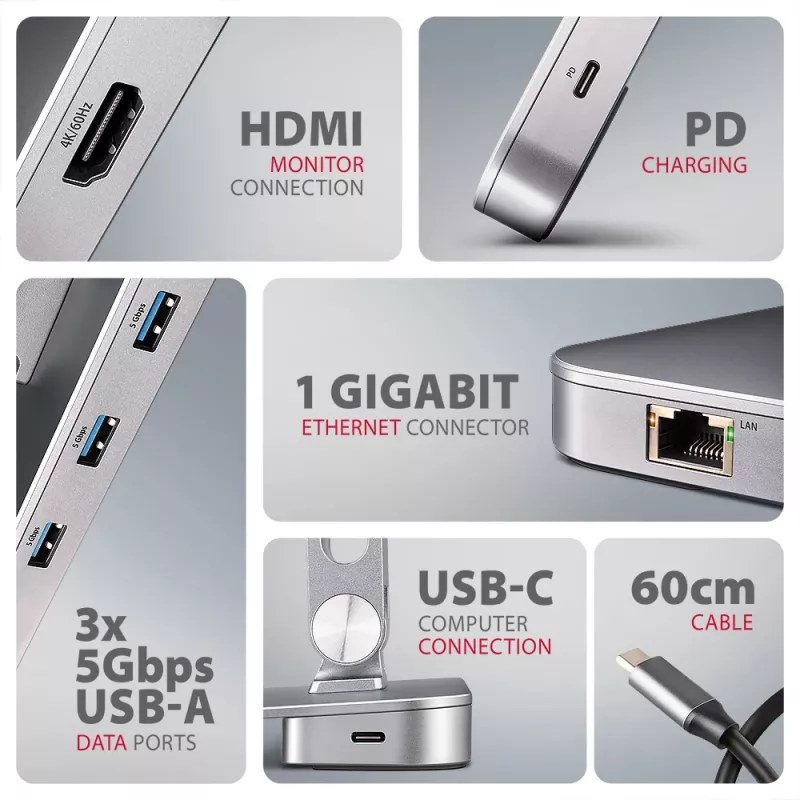 Axagon HMC-STND Multi-port USB-C 5Gbps hub and aluminum stand for laptops. HDMI 4k/60Hz, GLAN, PD and 3 USB-A ports. USB-C cable 60 cm.