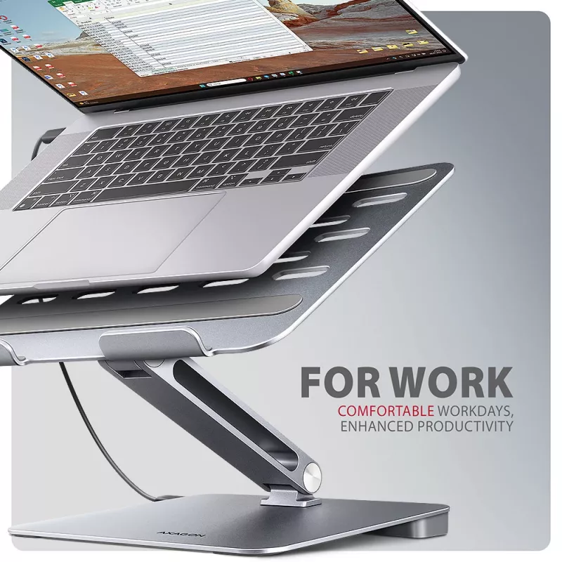 Axagon HMC-STND Multi-port USB-C 5Gbps hub and aluminum stand for laptops. HDMI 4k/60Hz, GLAN, PD and 3 USB-A ports. USB-C cable 60 cm.