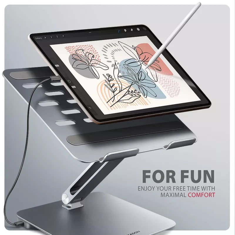 Axagon HMC-STND Multi-port USB-C 5Gbps hub and aluminum stand for laptops. HDMI 4k/60Hz, GLAN, PD and 3 USB-A ports. USB-C cable 60 cm.