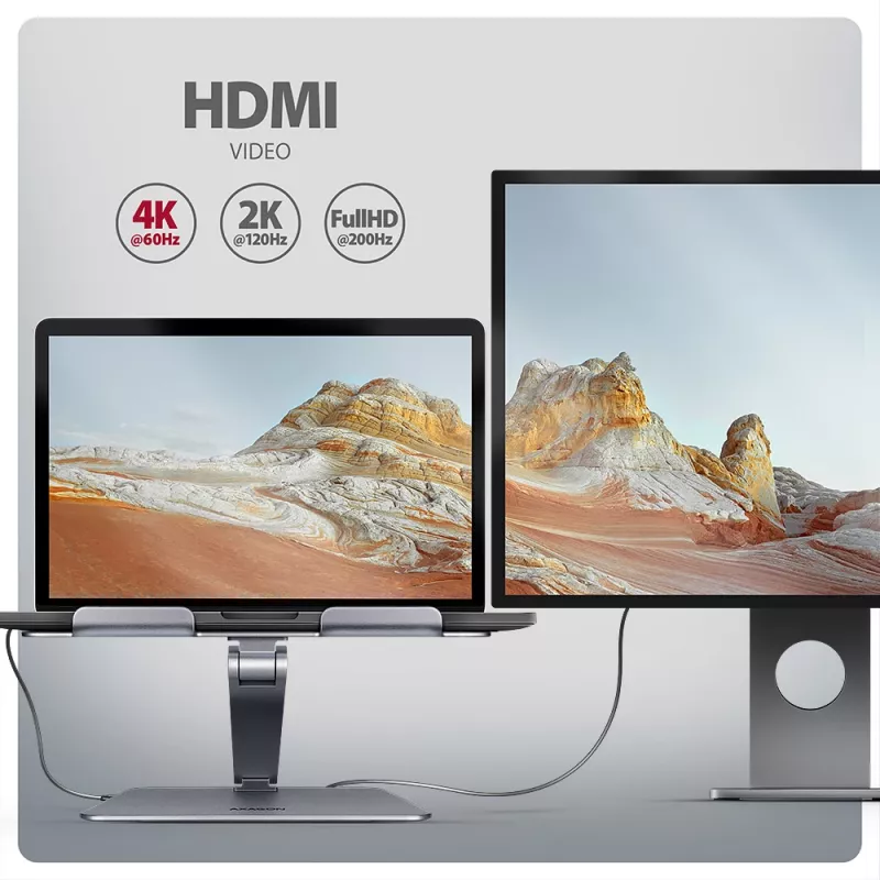Axagon HMC-STND Multi-port USB-C 5Gbps hub and aluminum stand for laptops. HDMI 4k/60Hz, GLAN, PD and 3 USB-A ports. USB-C cable 60 cm.