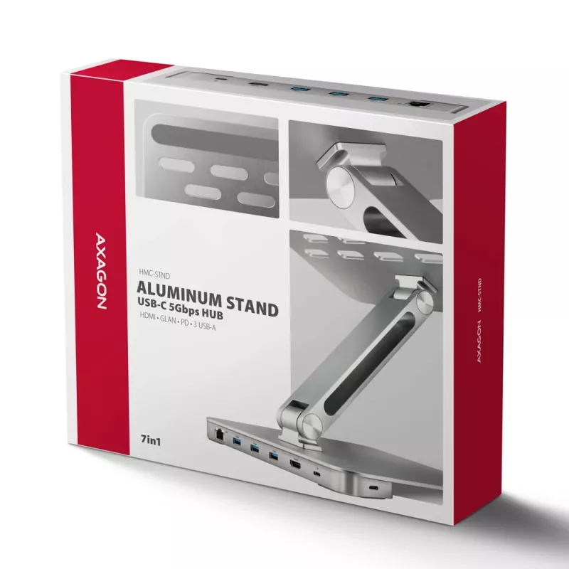 Axagon HMC-STND Multi-port USB-C 5Gbps hub and aluminum stand for laptops. HDMI 4k/60Hz, GLAN, PD and 3 USB-A ports. USB-C cable 60 cm.