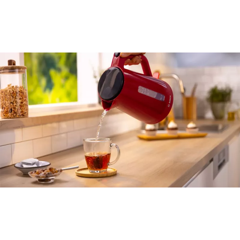 Electric kettle Bosch TWK1M124 — 1.7 L, 2400 W, red, cordless, 360° base