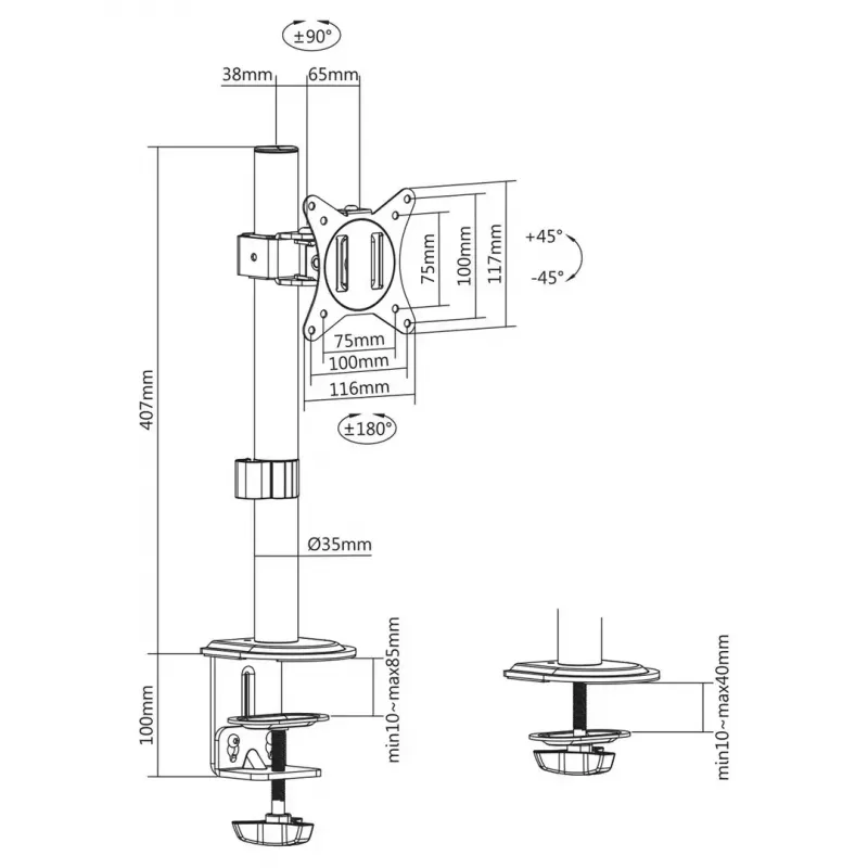 LCD monitor desk mount MACLEAN MC-751N for 17–32 inch screens, VESA 75x75 / 100x100