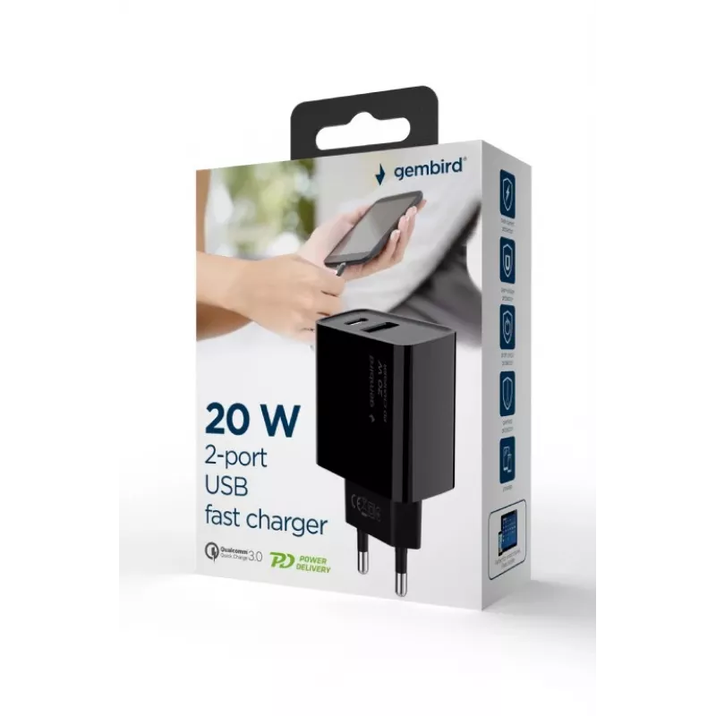 GEMBIRD USB Fast Charger - Type A & C 2-Port 20W - Black