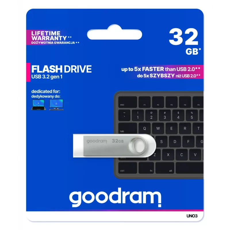 USB flash drive GOODRAM UNO3-0320S0R11 32 GB, USB Type-A, USB 3.2 Gen 1, metal capless silver