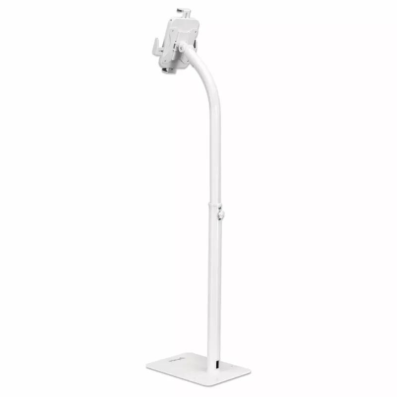 Manhattan Floor Stand (Anti theft) for Tablet and iPad, Universal, 360° Rotation, Tilt +20° to -110°, White, Lockable, Tablets 7.9 inch to 11 inch, Height adjustable 790 to 1190mm,Extendable clamps: height 200 to 246mm/width 129 to 181mm,Can be bolted to floor (parts incl)