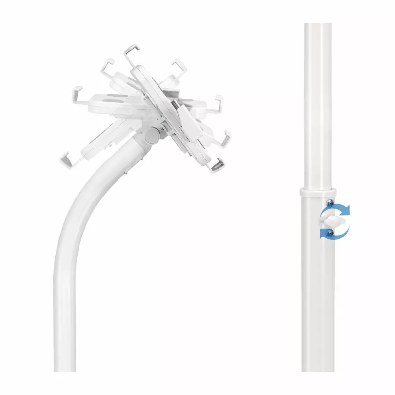 Manhattan Floor Stand (Anti theft) for Tablet and iPad, Universal, 360° Rotation, Tilt +20° to -110°, White, Lockable, Tablets 7.9 inch to 11 inch, Height adjustable 790 to 1190mm,Extendable clamps: height 200 to 246mm/width 129 to 181mm,Can be bolted to floor (parts incl)