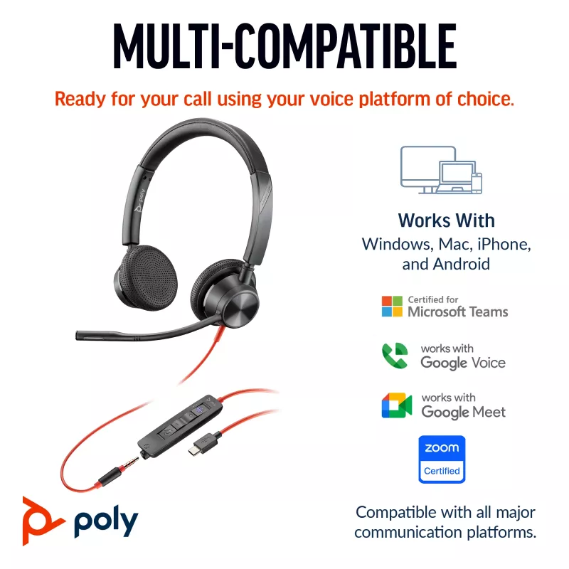 HP Poly Blackwire 3325 Stereo USB-C Headset +3.5mm Plug +USB-C/A Adapter