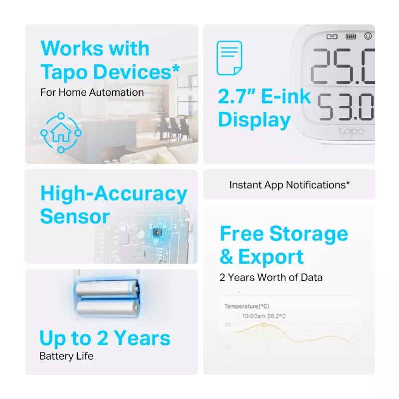 TP-Link Tapo Smart Temperature & Humidity Monitor, Indoor, Temperature & humidity sensor, Freestanding, Wireless, -20 - 60 °C, 0 - 99%