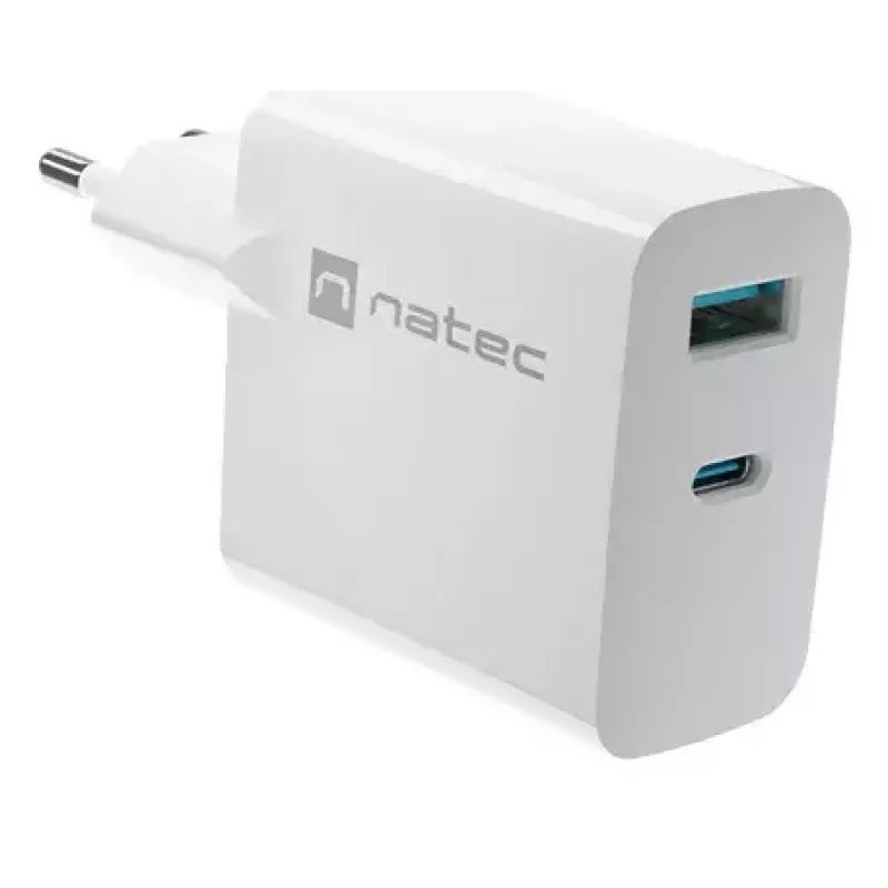 NATEC AC wired mobile device charger NUC-2142, USB-C PD 3.0 + USB-A, 5–20V up to 3A, 45 W, white
