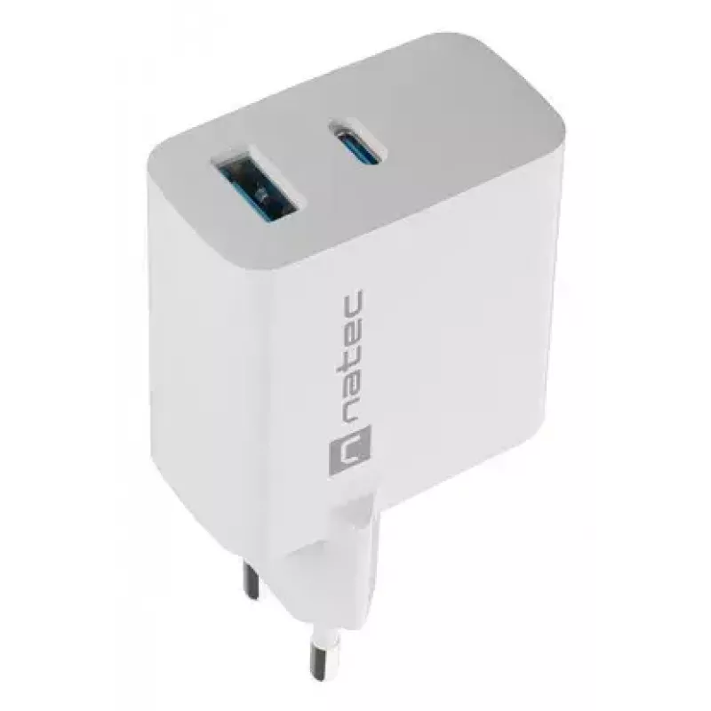 NATEC AC wired mobile device charger NUC-2142, USB-C PD 3.0 + USB-A, 5–20V up to 3A, 45 W, white