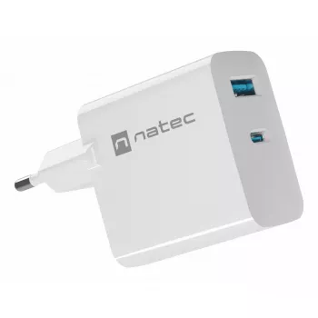 NATEC AC wired mobile device charger NUC-2142, USB-C PD 3.0 + USB-A, 5–20V up to 3A, 45 W, white
