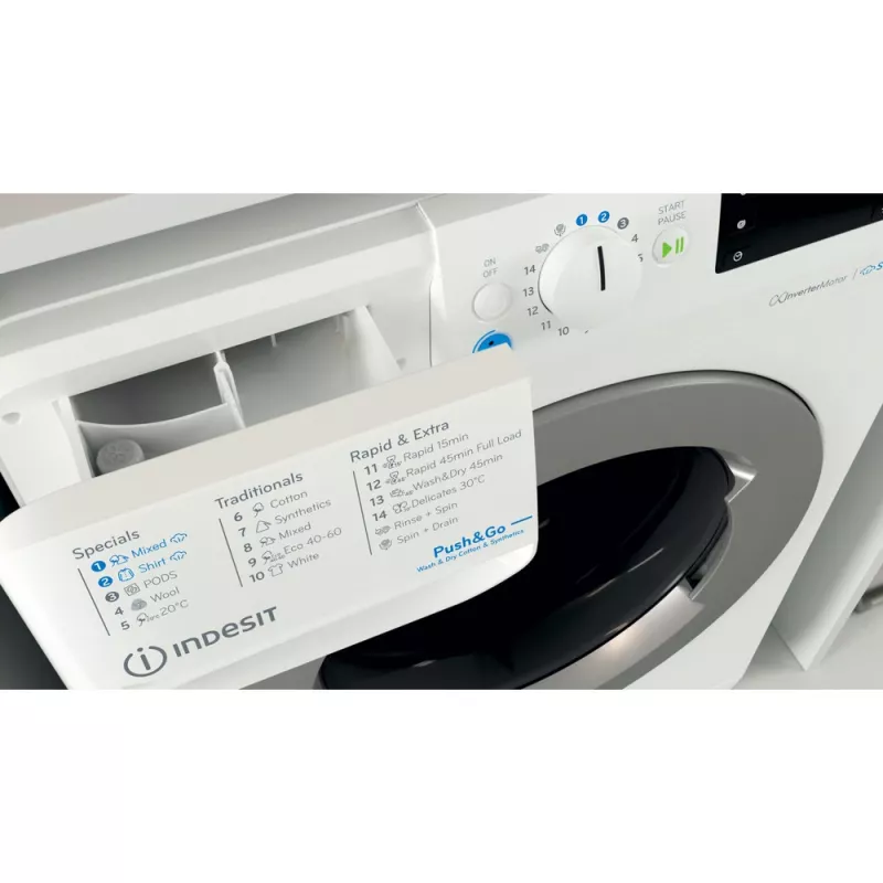 Washer dryer Indesit BDE 86436 WSV EE — 6 kg, 1400 RPM, White, 595×540×850 mm