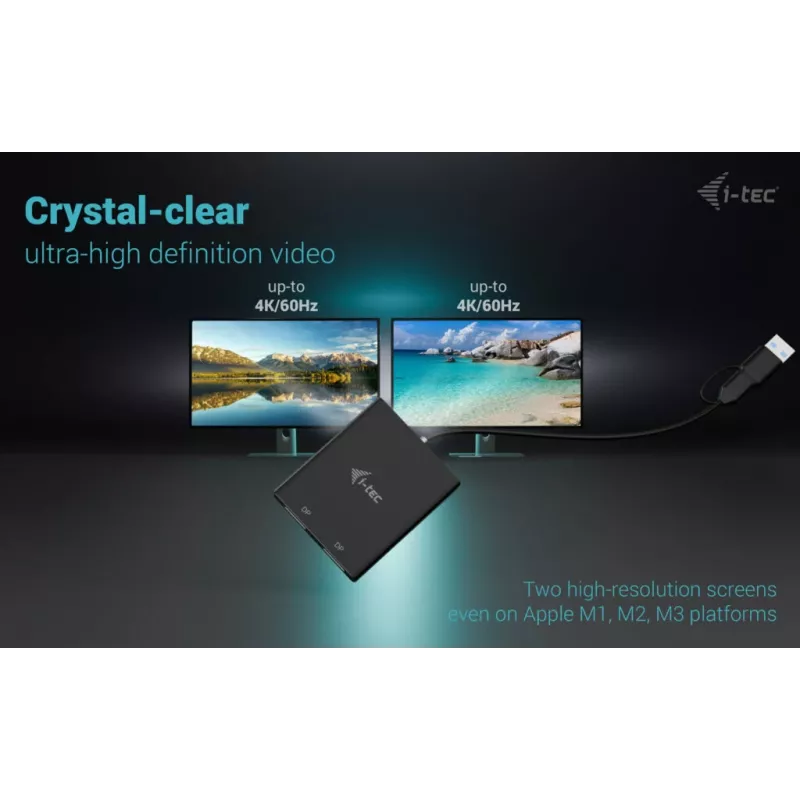 i-tec USB-A/USB-C Dual 4K/60 Hz DisplayPort Video Adapter, 0.27 m, USB Type-A/USB Type-C, 2 x DisplayPort, Male, Female, 3840 x 2160 pixels