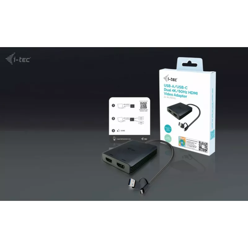 i-tec USB-A/USB-C Dual 4K/60 Hz HDMI Video Adapter, 0.27 m, USB Type-A/USB Type-C, 2 x HDMI, Male, Female, 3840 x 2160 pixels