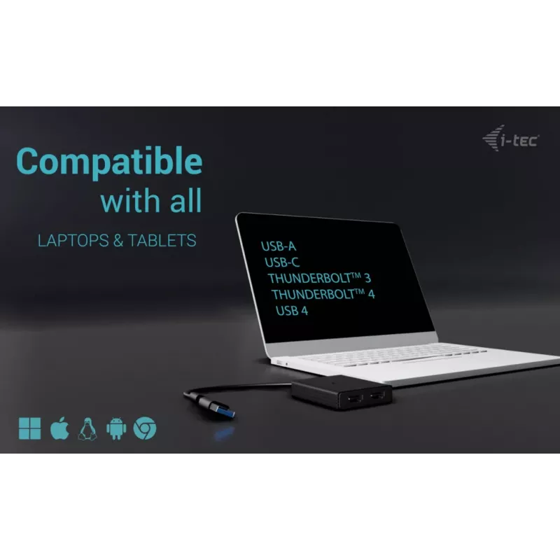 i-tec USB-A/USB-C Dual 4K/60 Hz HDMI Video Adapter, 0.27 m, USB Type-A/USB Type-C, 2 x HDMI, Male, Female, 3840 x 2160 pixels
