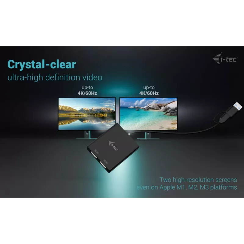 i-tec USB-A/USB-C Dual 4K/60 Hz HDMI Video Adapter, 0.27 m, USB Type-A/USB Type-C, 2 x HDMI, Male, Female, 3840 x 2160 pixels
