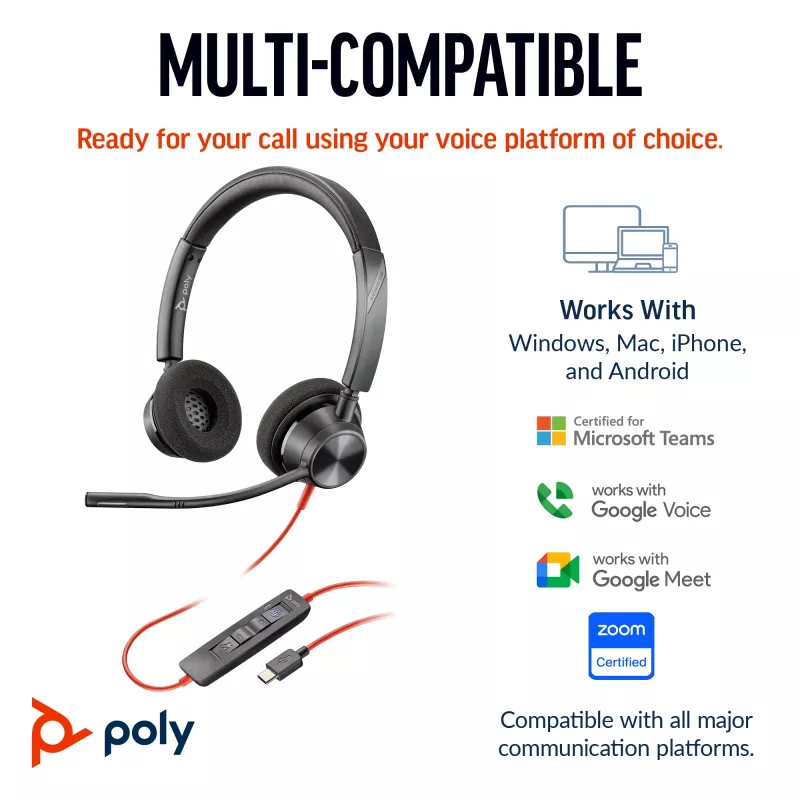 HP Poly Blackwire 3320 Stereo USB-C Headset +USB-C/A Adapter