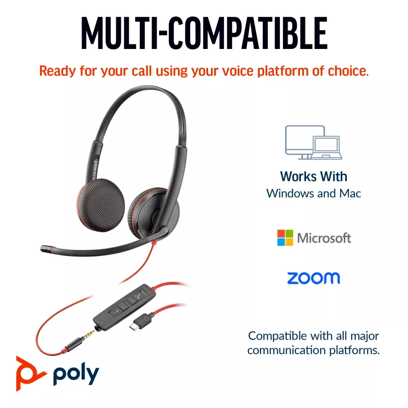 HP Poly Blackwire 3225 Stereo USB-C Headset +3.5mm Plug +USB-C/A Adapter
