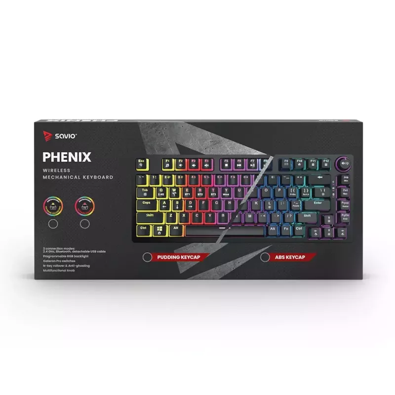 Gaming Keyboard Savio SAVGK-PHENIX YELLOW USB RF Wireless Bluetooth Mechanical 82 Keys RGB