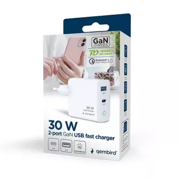 GEMBIRD 2-port 30W GaN USB fast charger LED white — 1x USB-C PD 30W, 1x USB-A, 100–240V, 92 g