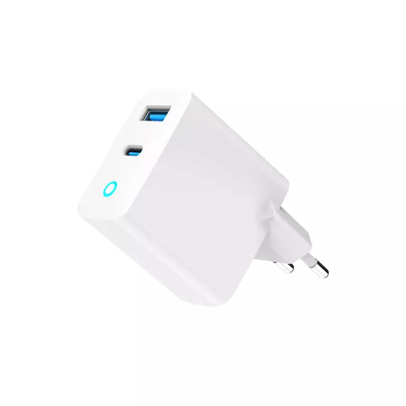 GEMBIRD 2-port 30W GaN USB fast charger LED white — 1x USB-C PD 30W, 1x USB-A, 100–240V, 92 g