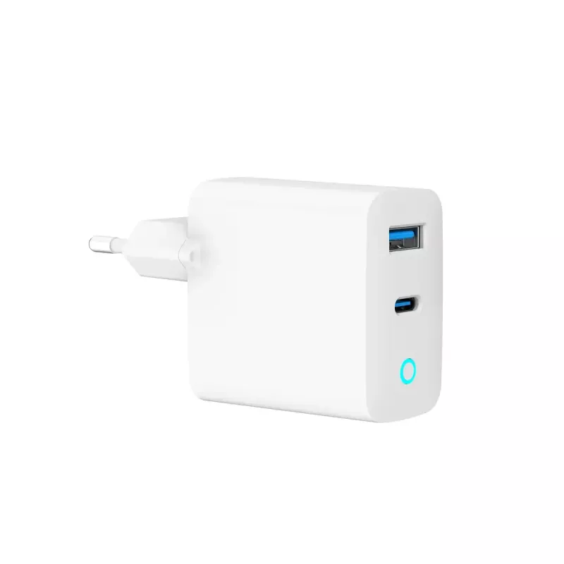 GEMBIRD 2-port 30W GaN USB fast charger LED white — 1x USB-C PD 30W, 1x USB-A, 100–240V, 92 g
