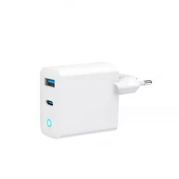 GEMBIRD 2-port 30W GaN USB fast charger LED white — 1x USB-C PD 30W, 1x USB-A, 100–240V, 92 g