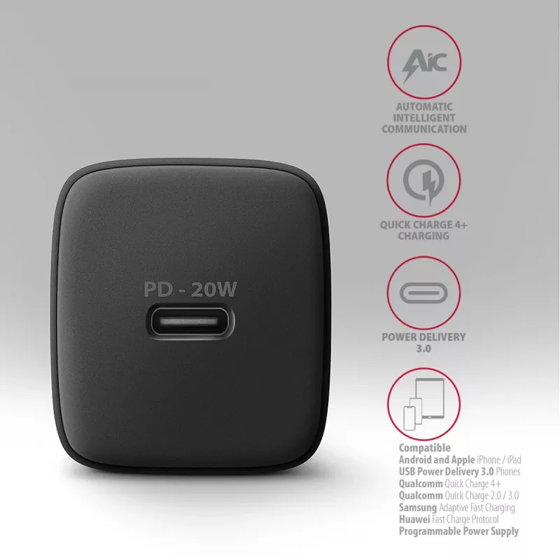 Wall Charger Axagon ACU-PD20 1x QC3.0/AFC/FCP/PD Type-C 20W Black