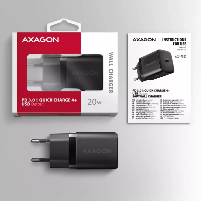 Wall Charger Axagon ACU-PD20 1x QC3.0/AFC/FCP/PD Type-C 20W Black
