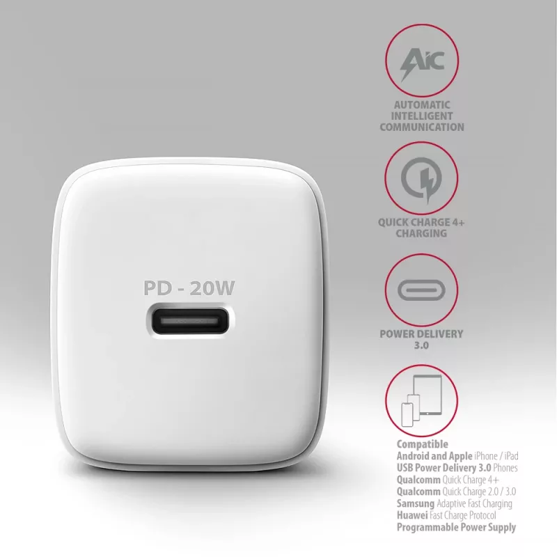 Axagon ACU-PD20W wall charger 1x QC3.0/AFC/FCP/PD type-C 20W white Mobile phone, Smartphone, Smartwatch, Tablet, Universal, Watch AC Fast charging Indoor