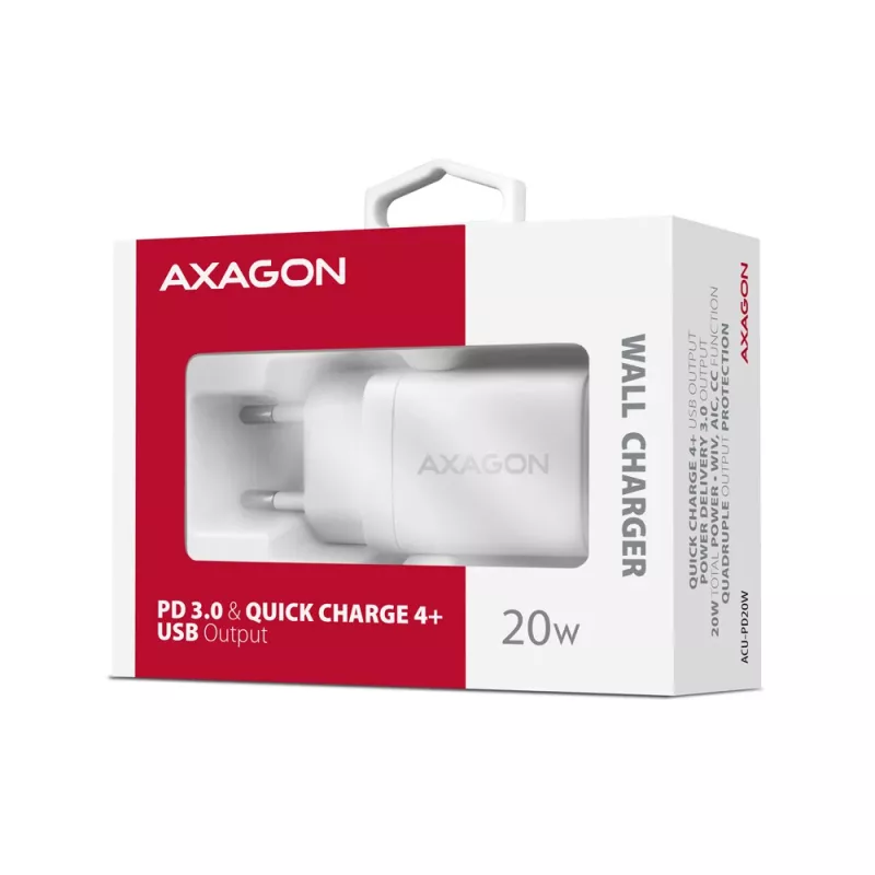 Axagon ACU-PD20W wall charger 1x QC3.0/AFC/FCP/PD type-C 20W white Mobile phone, Smartphone, Smartwatch, Tablet, Universal, Watch AC Fast charging Indoor