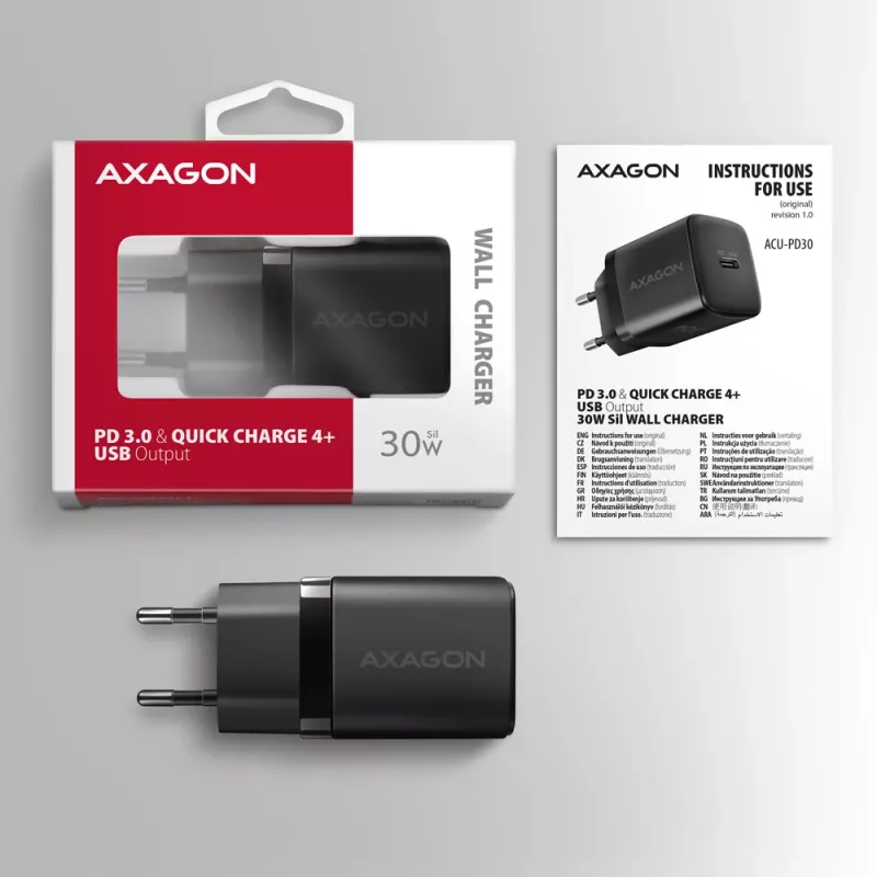 Axagon ACU-PD30 PD3.0 & QC4+ 1x OUTPUT wall charger 30W, Indoor, AC, Black