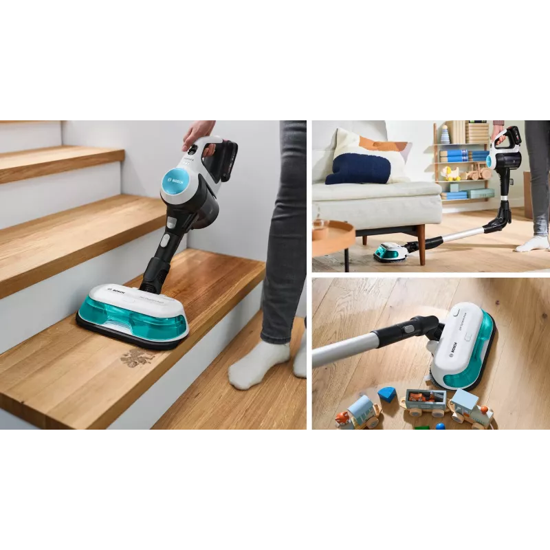 Bosch Unlimited 7 ProHygienic Aqua BCS71HYG1 cordless 2-in-1 stick vacuum and mop, 18V, HEPA, bagless, 0.3 L, White