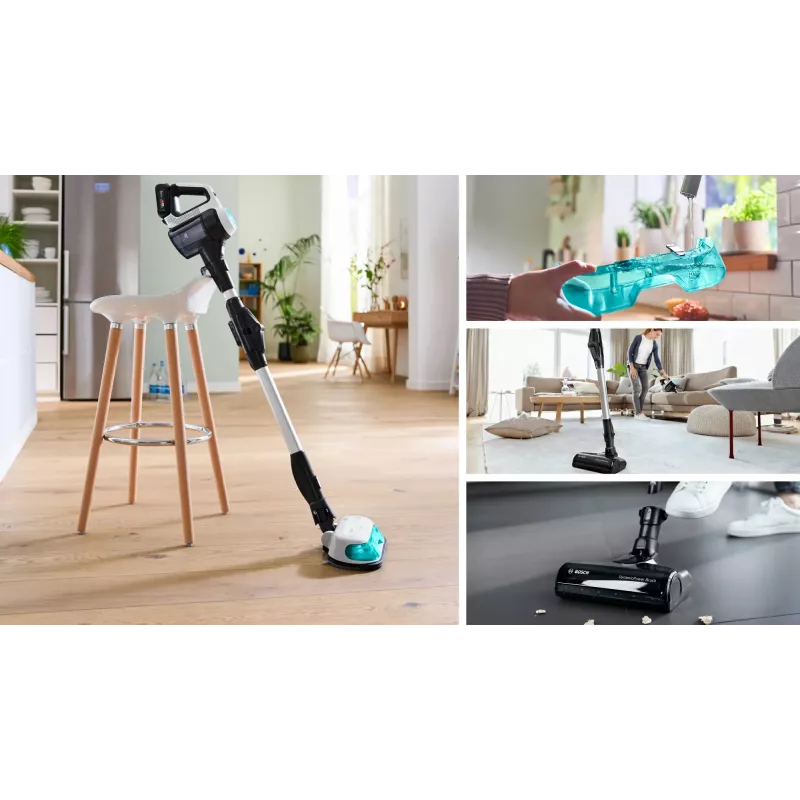 Bosch Unlimited 7 ProHygienic Aqua BCS71HYG1 cordless 2-in-1 stick vacuum and mop, 18V, HEPA, bagless, 0.3 L, White