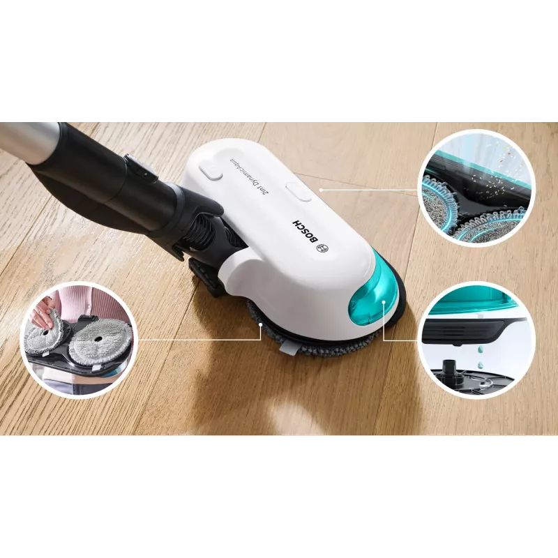Bosch Unlimited 7 ProHygienic Aqua BCS71HYG1 cordless 2-in-1 stick vacuum and mop, 18V, HEPA, bagless, 0.3 L, White