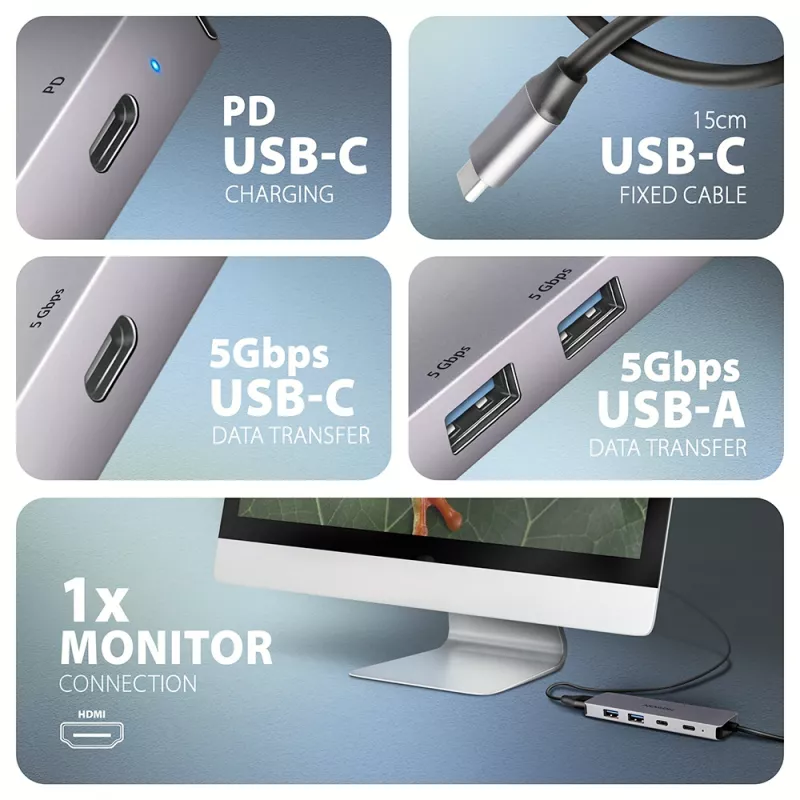 Axagon HMC-5H60 USB 5Gbps hub, 2x USB-A, 1x USB-C, HDMI 4k/60Hz, PD 100W, USB-C cable