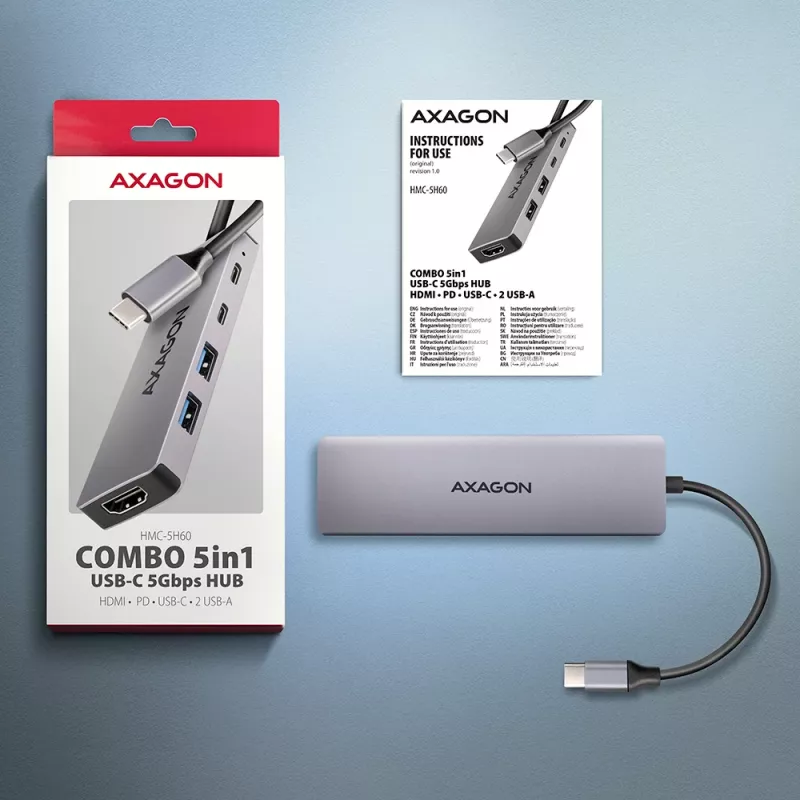 Axagon HMC-5H60 USB 5Gbps hub, 2x USB-A, 1x USB-C, HDMI 4k/60Hz, PD 100W, USB-C cable